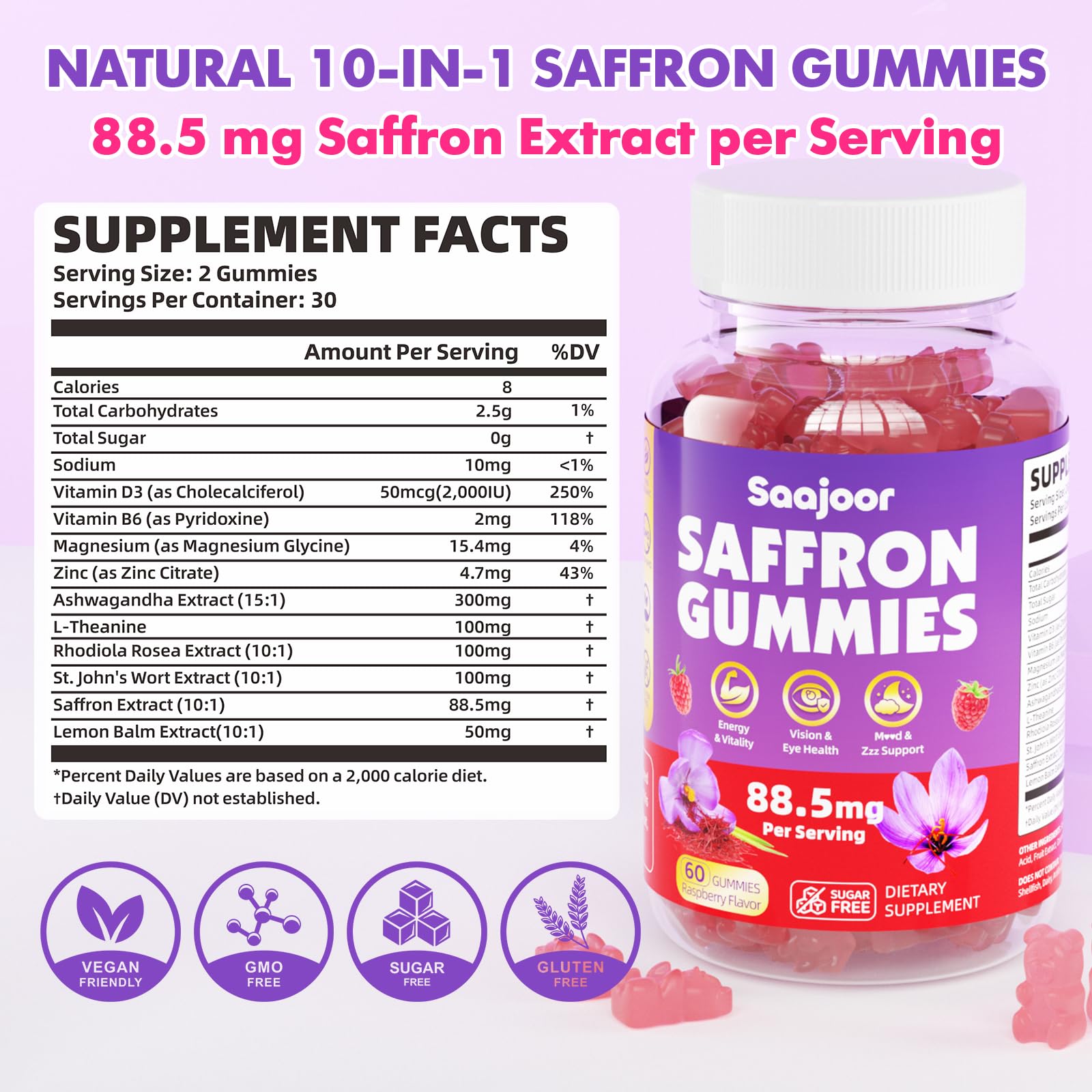 Close-up of raspberry-flavored gummies emphasizing kid-friendly taste.