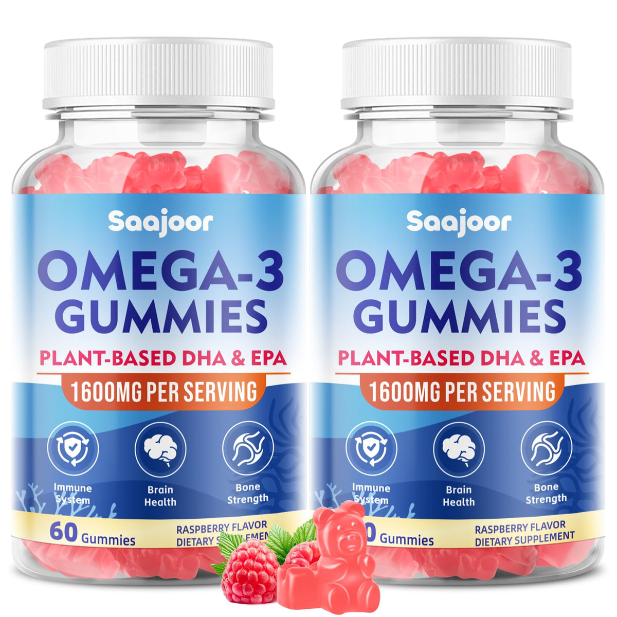 Saajoor vegan Omega-3 gummies bottle front highlighting plant-based omega-3