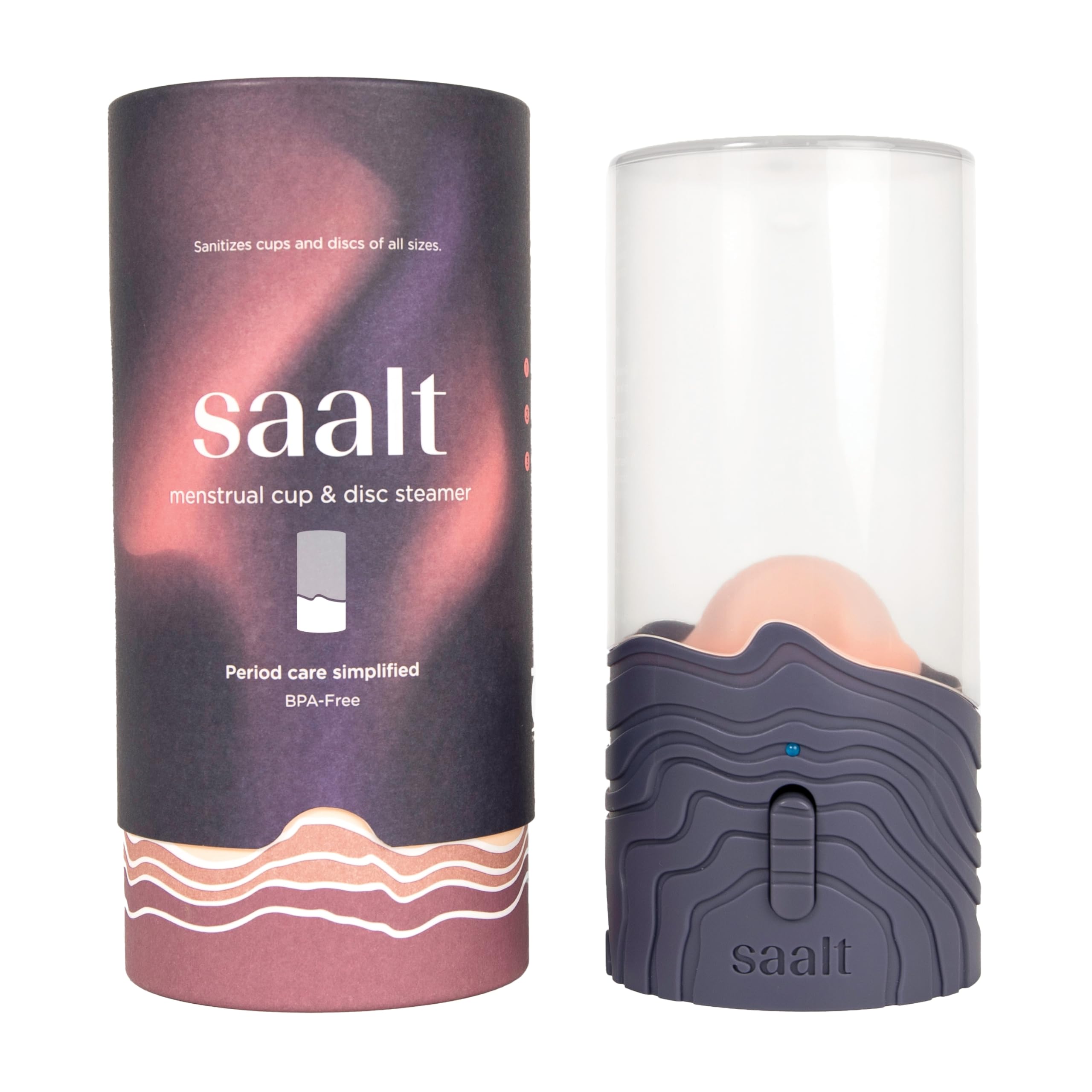 Saalt menstrual cup steamer in blue dusk finish showing compact portability for travel