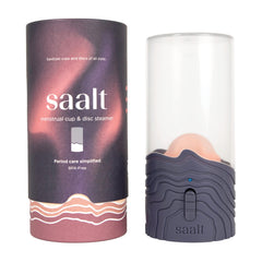 Saalt menstrual cup steamer in blue dusk finish showing compact portability for travel