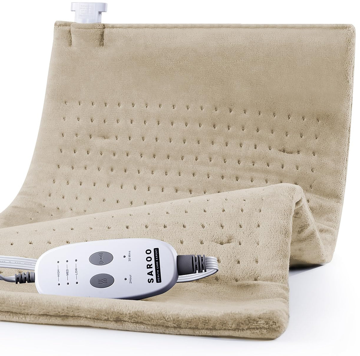 SAROO heating pad with soft velvet cover delivers soothing warmth.