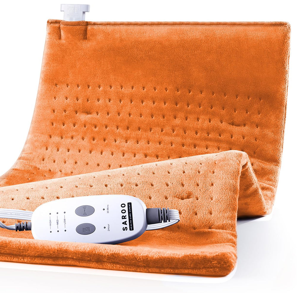 SAROO massaging weighted heating pad in pumpkin yellow provides even heat across the 20x24 surface