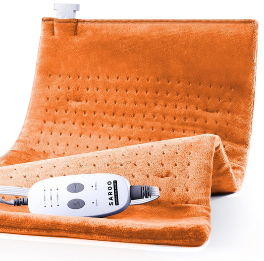SAROO massaging weighted heating pad in pumpkin yellow provides even heat across the 20x24 surface