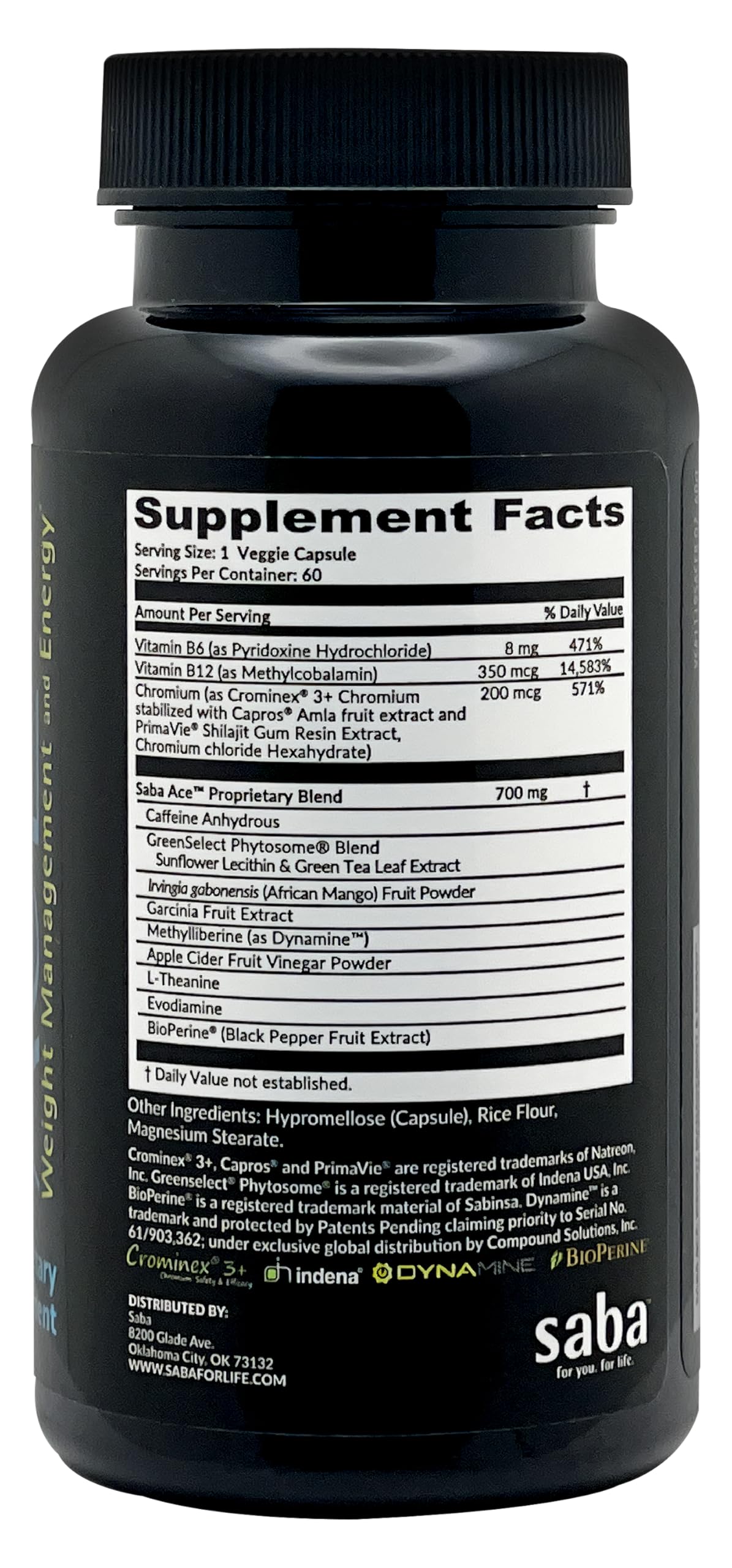 Close-up of Saba ACE capsules highlighting appetite control and steady energy
