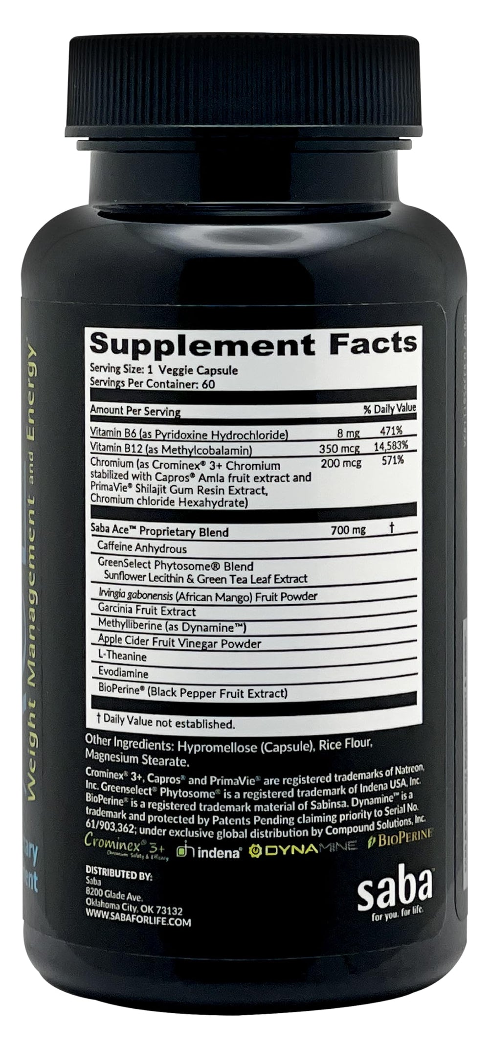 Close-up of Saba ACE capsules highlighting appetite control and steady energy