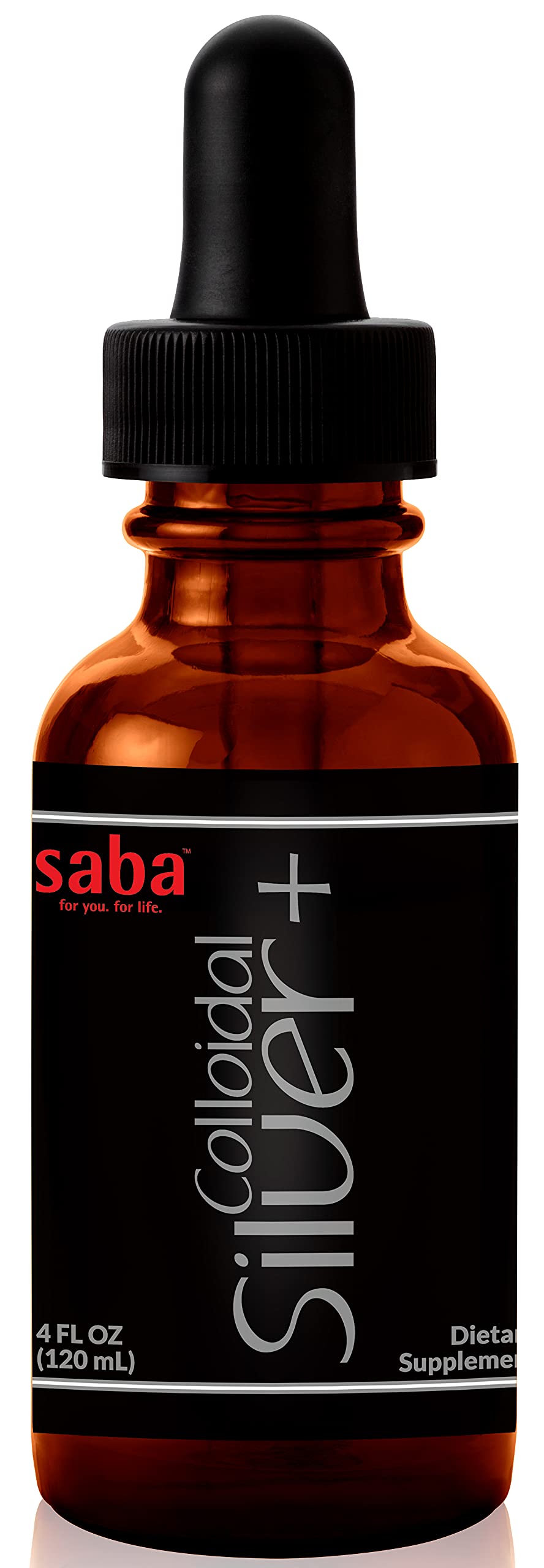 Saba Colloidal Silver 4oz bottle shows 50 PPM purity for daily use