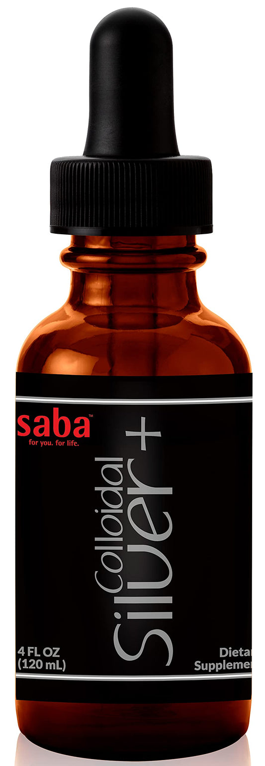 Saba Colloidal Silver 4oz bottle shows 50 PPM purity for daily use