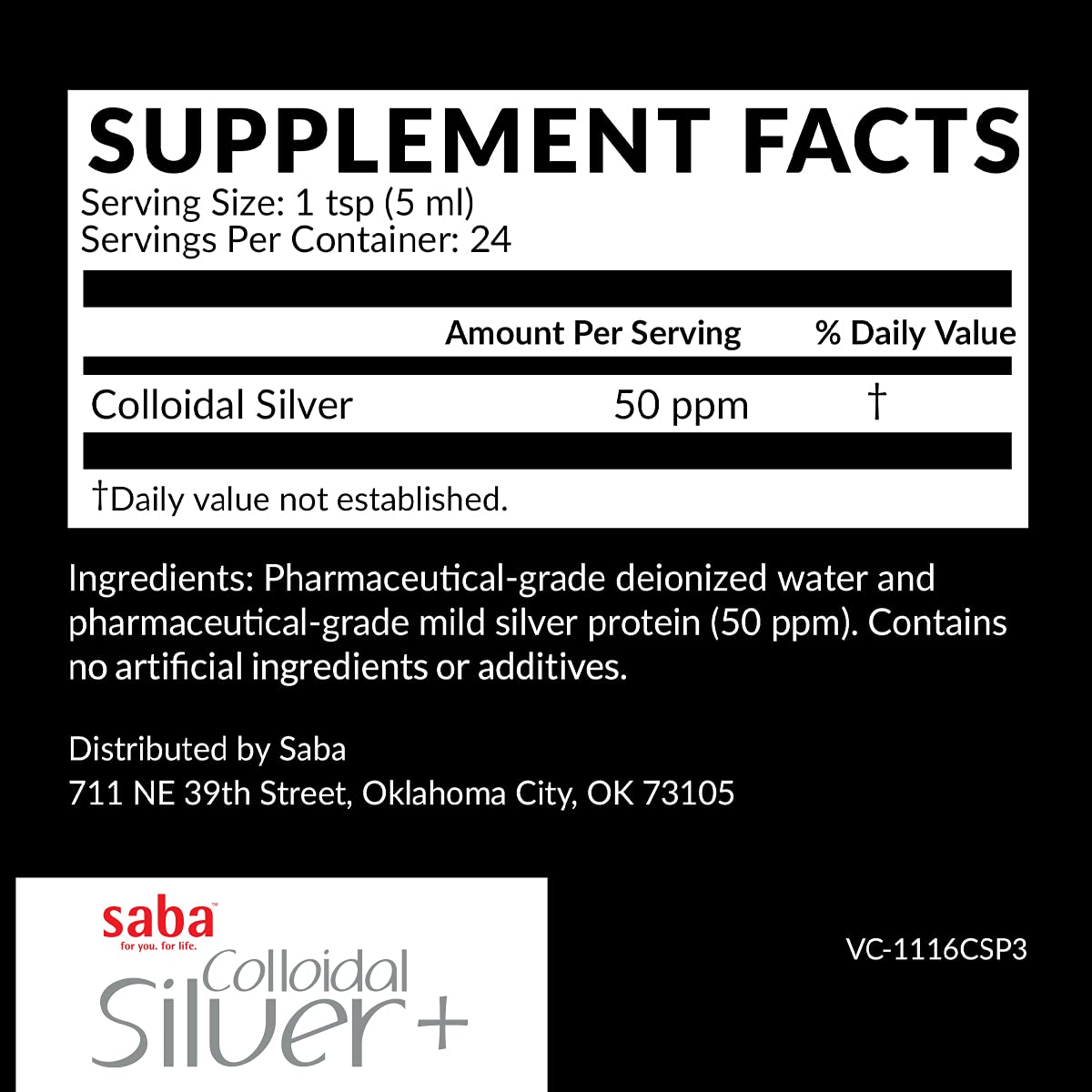 Saba Colloidal Silver bottle displayed on kitchen counter