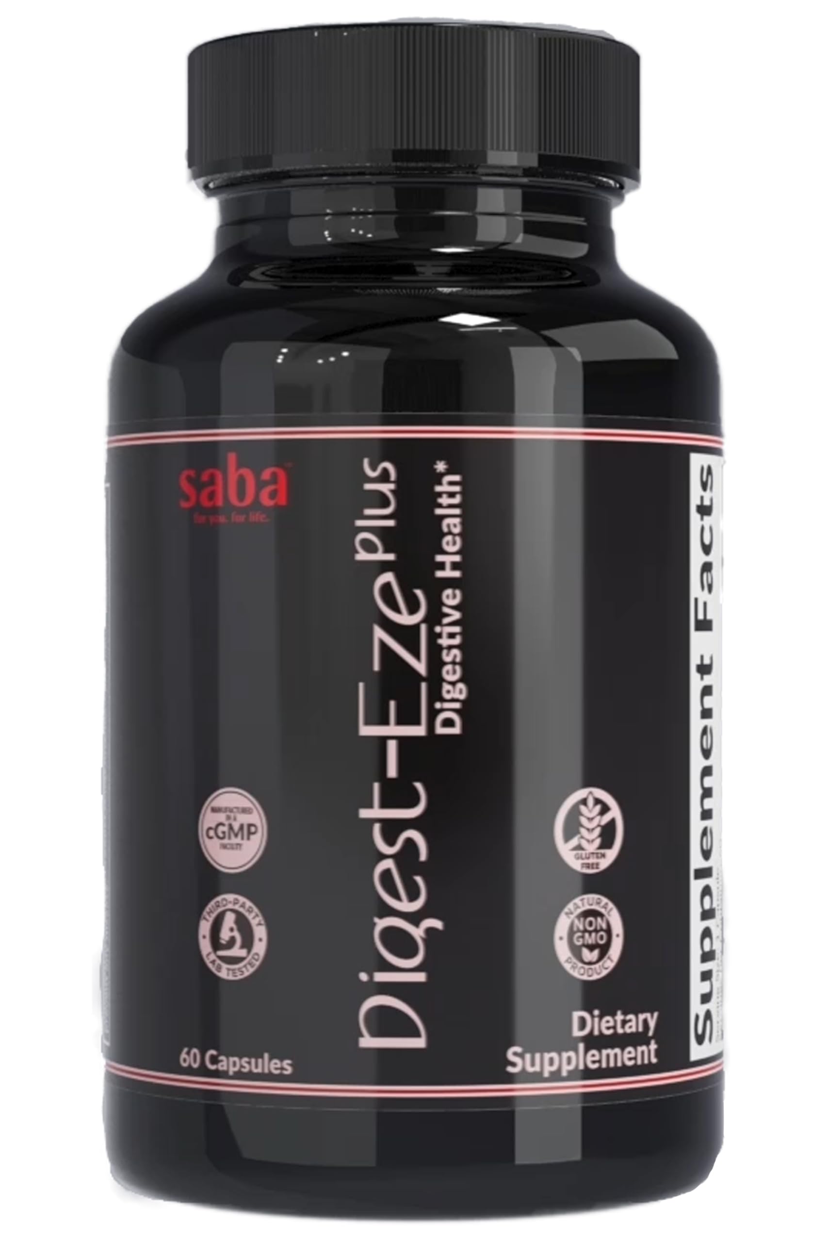 Saba Digestive-EZE Plus bottle front view supports digestive comfort.