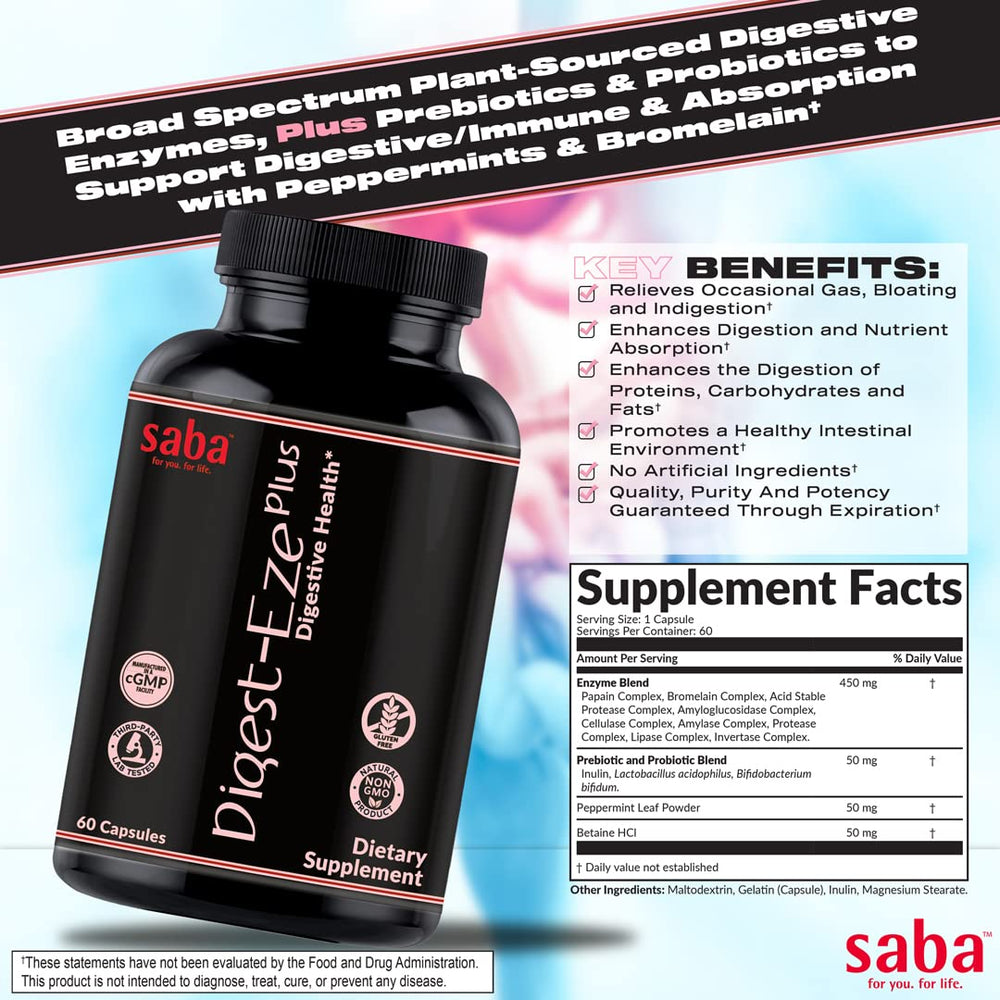 Saba Digestive-EZE Plus bottle label highlights ingredients and benefits for gut health.
