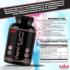 Saba Digestive-EZE Plus bottle label highlights ingredients and benefits for gut health.