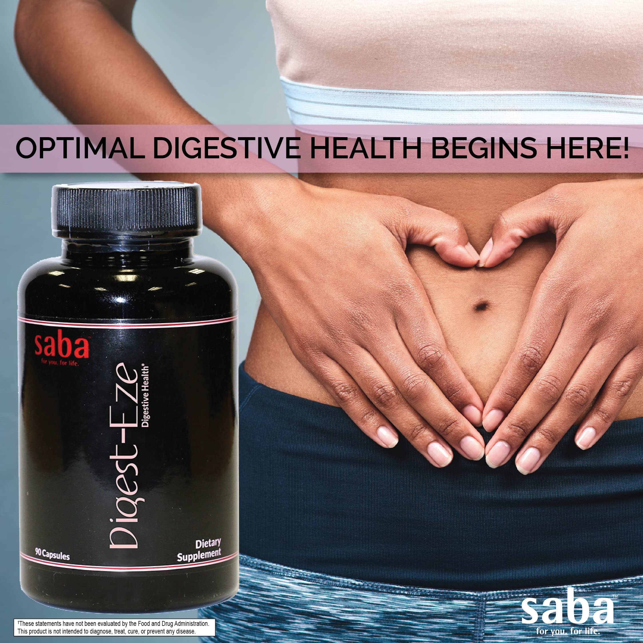 Saba Digestive-EZE Plus bottle on kitchen counter for daily use.