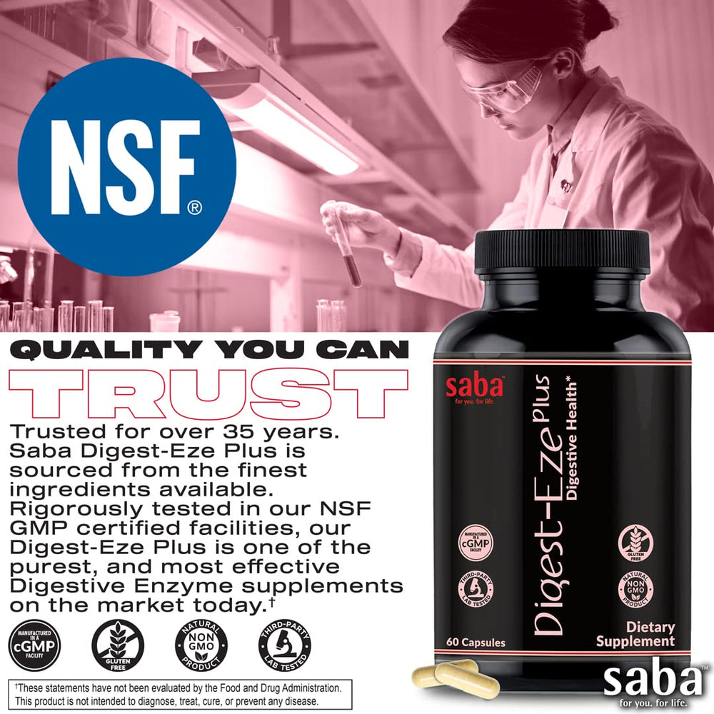 Saba Digestive-EZE Plus capsules close-up with glossy coating.