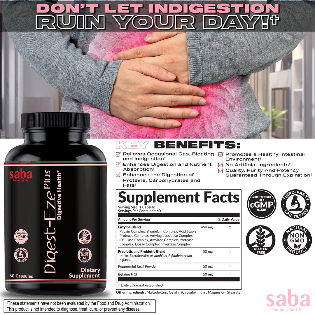 Saba Digestive-EZE Plus capsules pouring for quick digestion support.