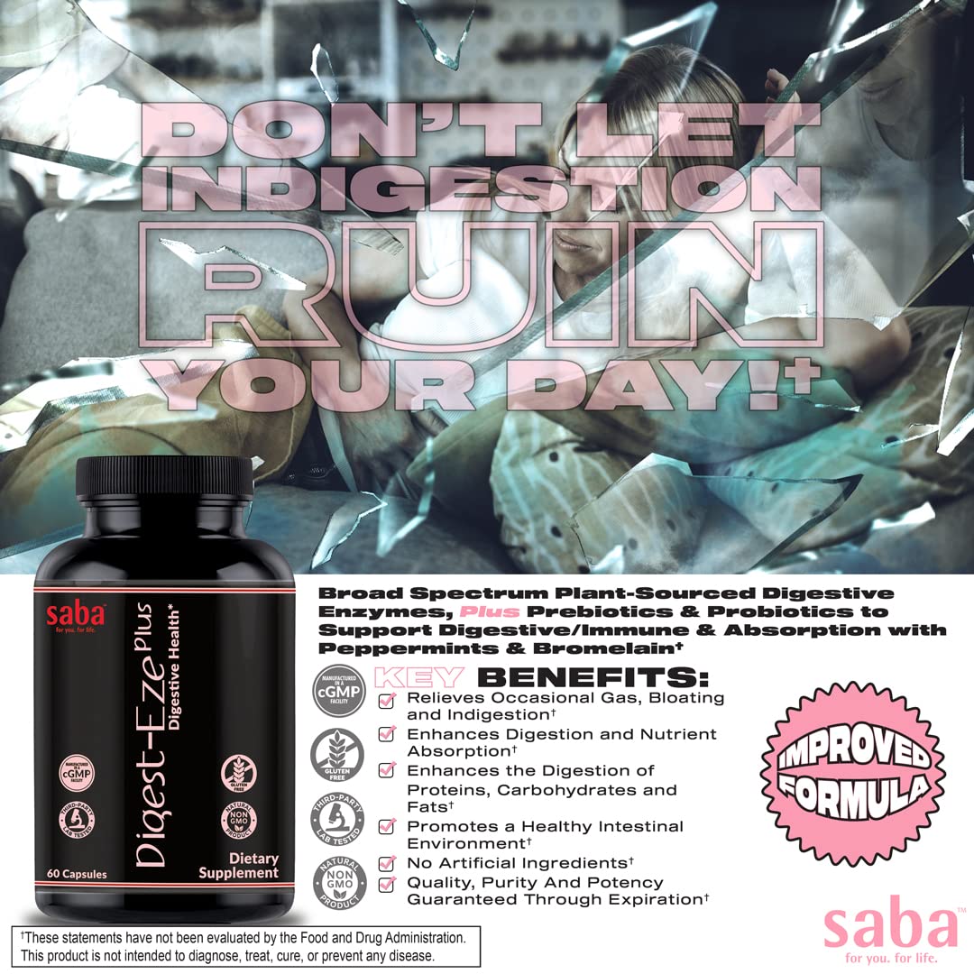 Saba Digestive-EZE Plus scene of digestive routine with capsules.