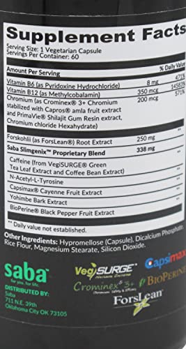 Saba SlimGenix bottle label with NSF and cGMP icons.