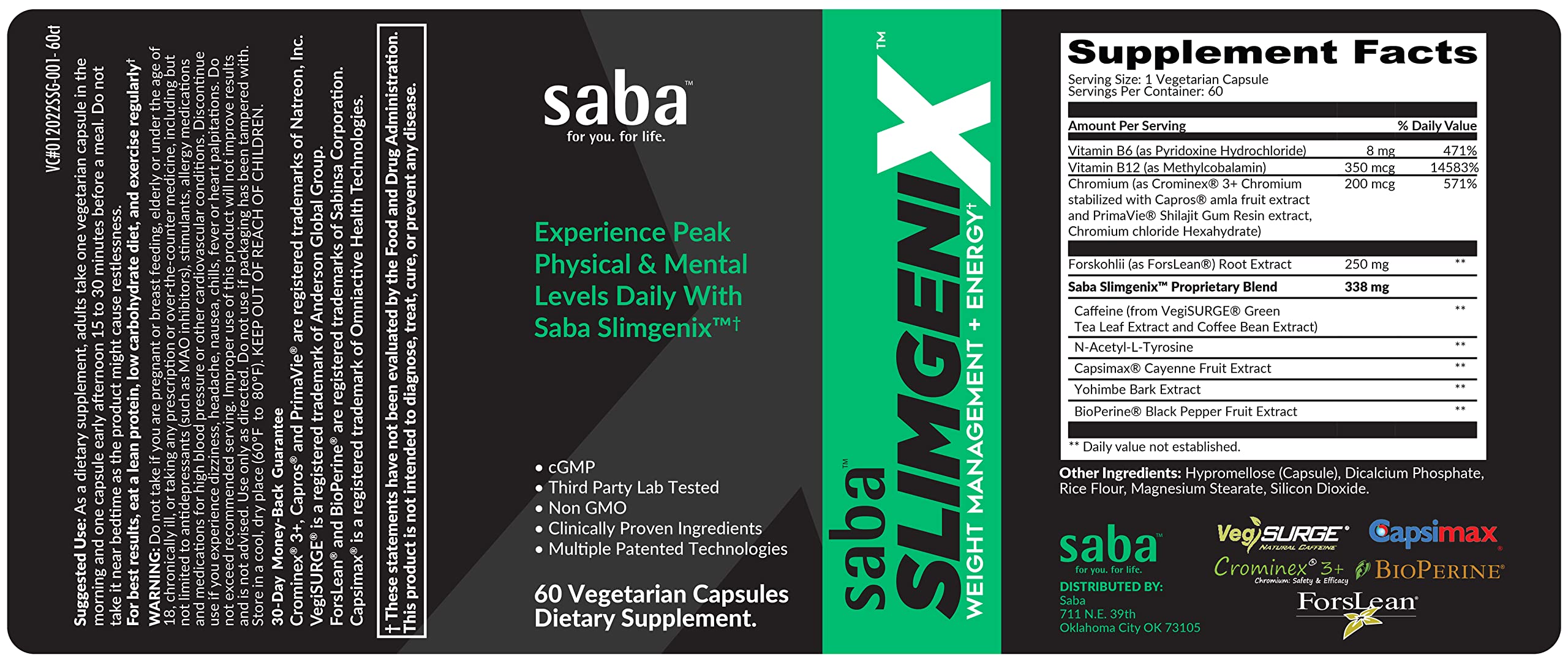 Saba SlimGenix bottle text and logo on a bright background.