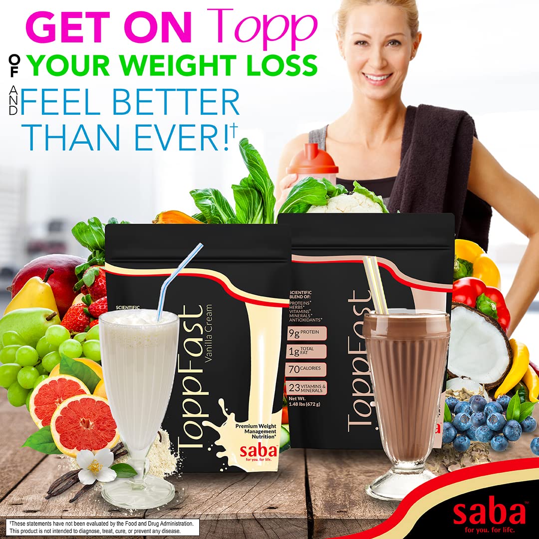 Saba ToppFast vanilla scoop beside a shake for a quick protein boost