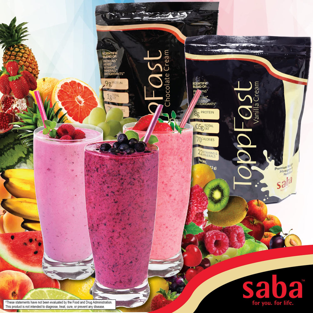 Saba ToppFast vanilla shake in a glass showing quick, low-fat nutrition