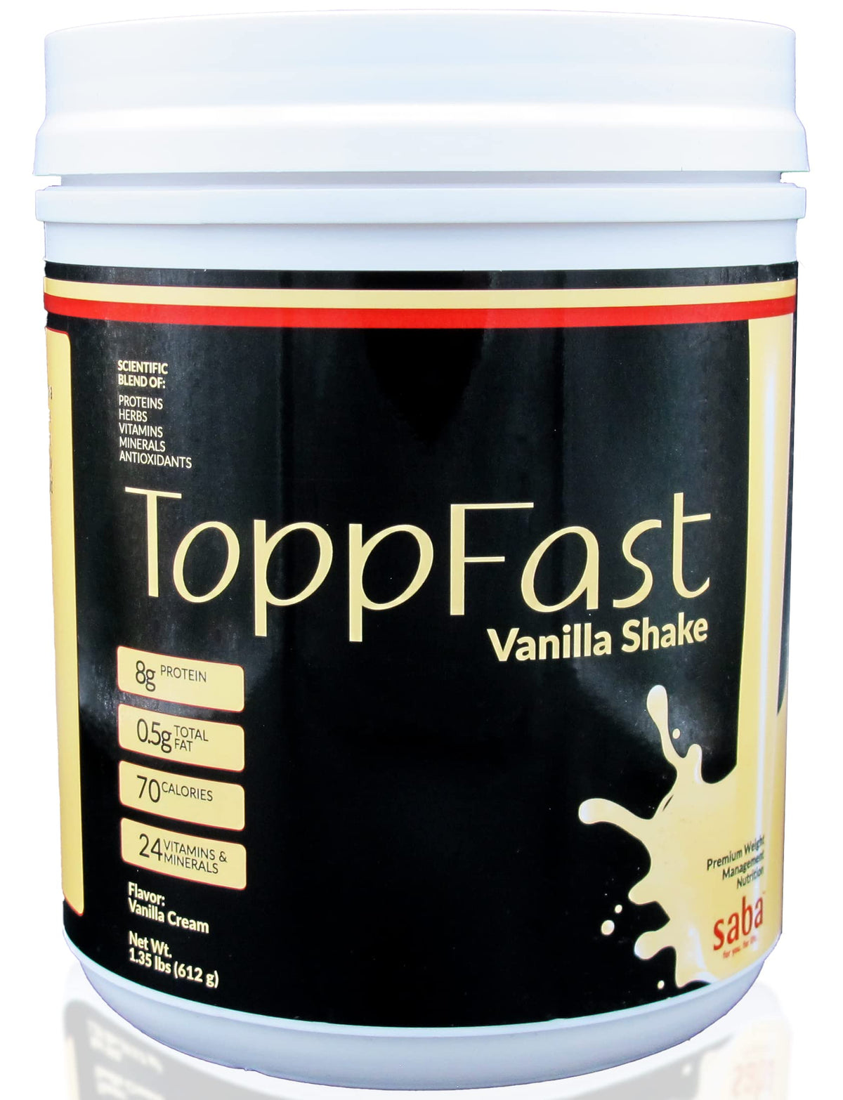 Saba ToppFast vanilla shake poured for a balanced meal replacement