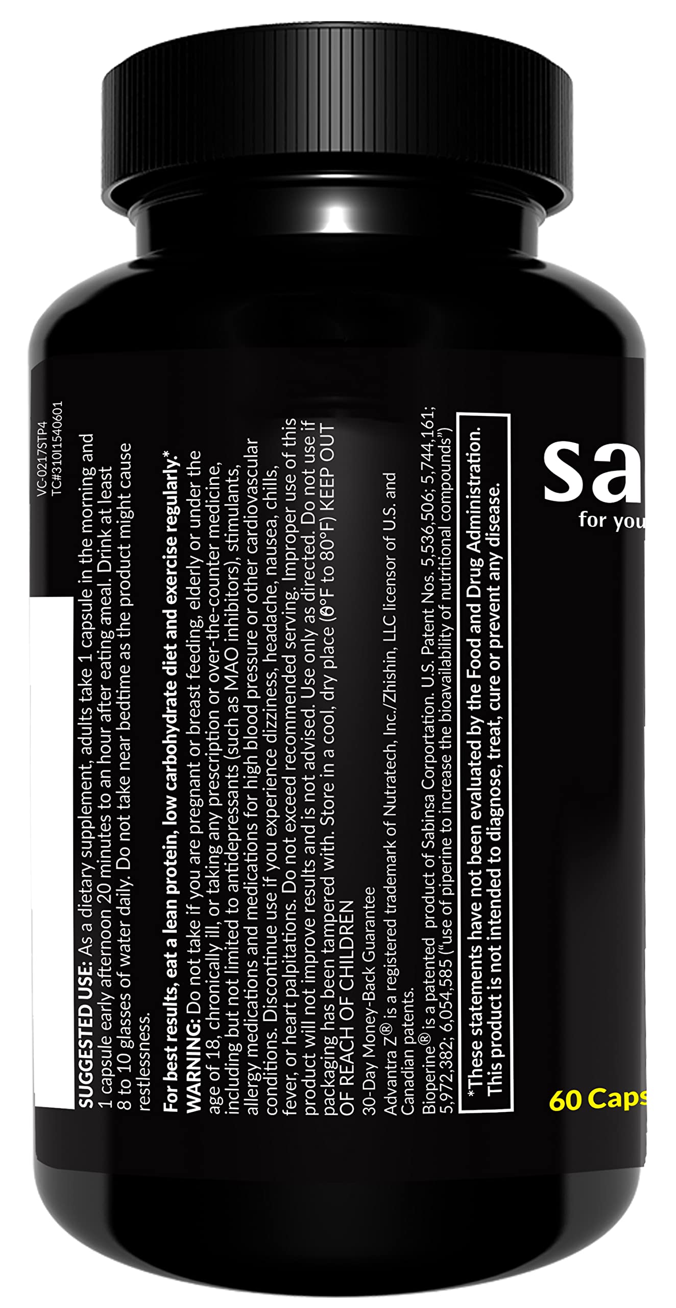 Saba TrimPro bottle with label showing ingredients and benefits.