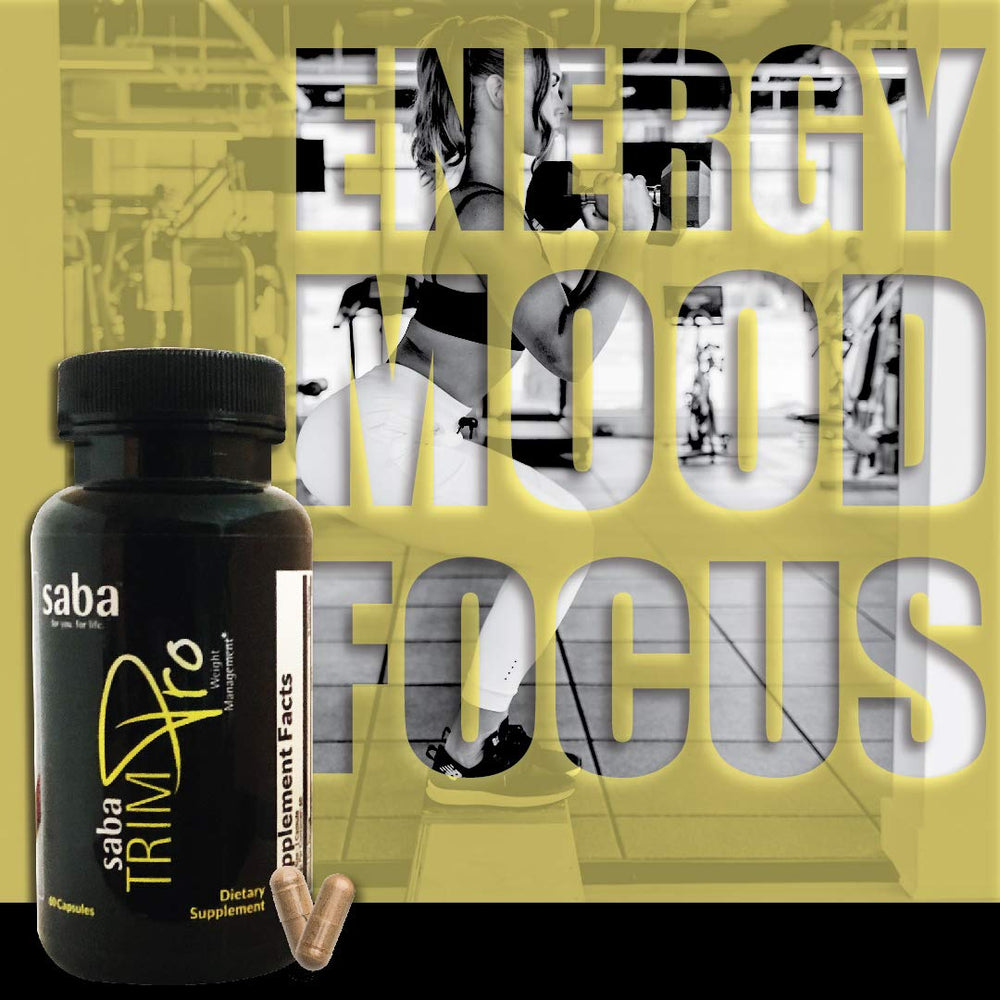 Saba TrimPro on the kitchen counter beside a healthy meal plan.