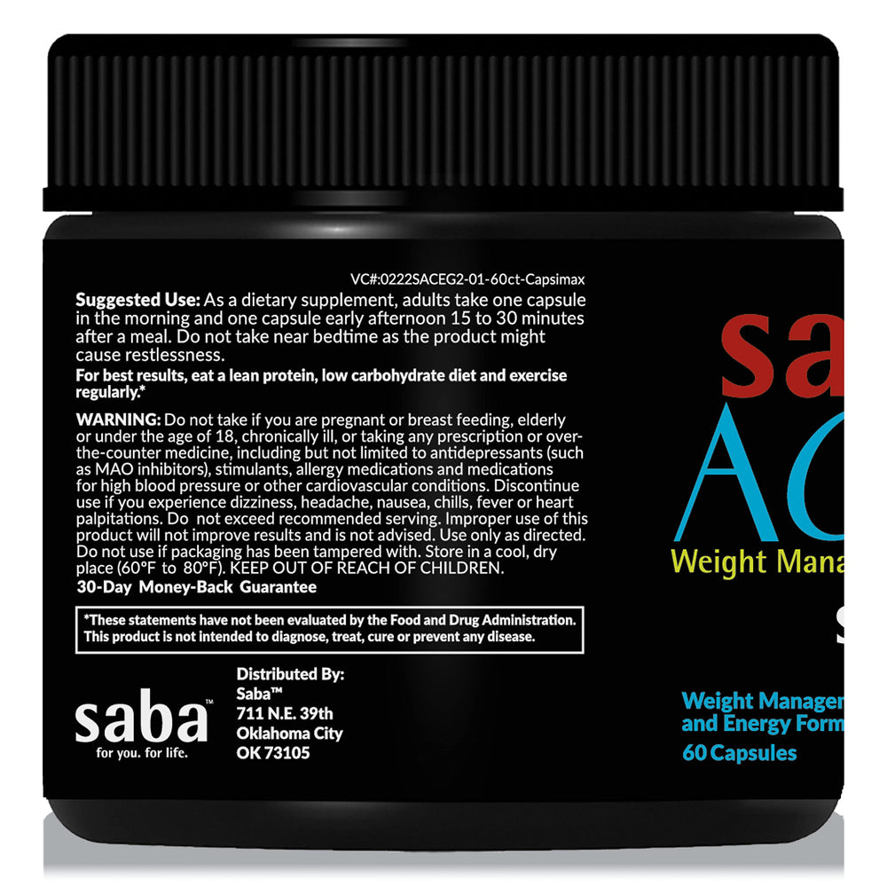 Saba ACE G2 capsules closeup highlighting uniform pills for steady energy
