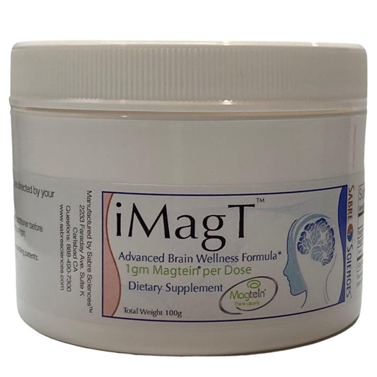Sabre Sciences iMagT bottle showcasing magnesium L-threonate formula for brain health