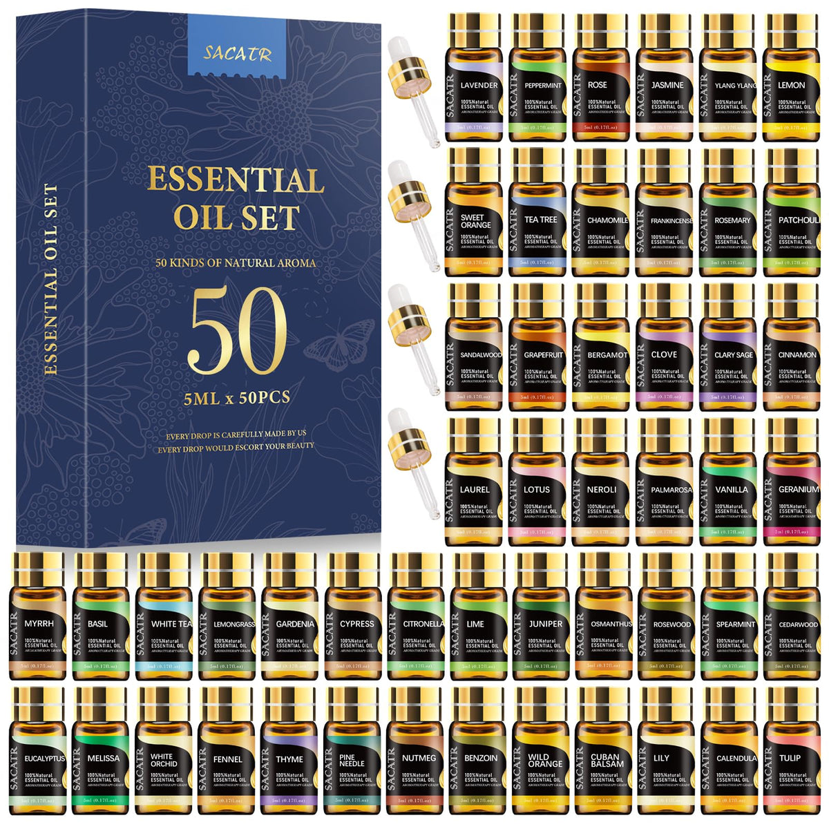 SACATR 50-piece essential oil set box for gifting and versatile aromatherapy