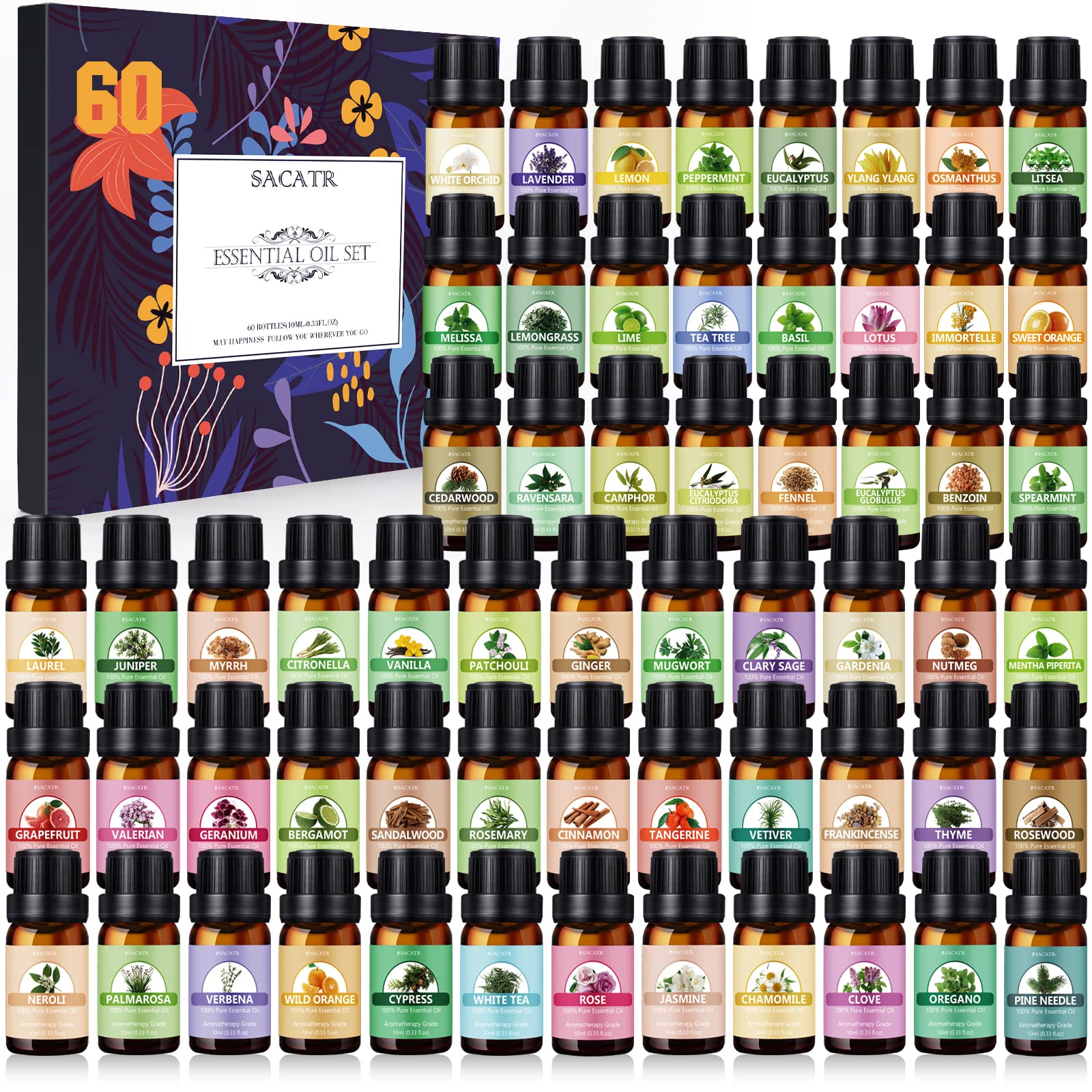 SACATR essential oil set with 60 bottles on display for aromatherapy versatility