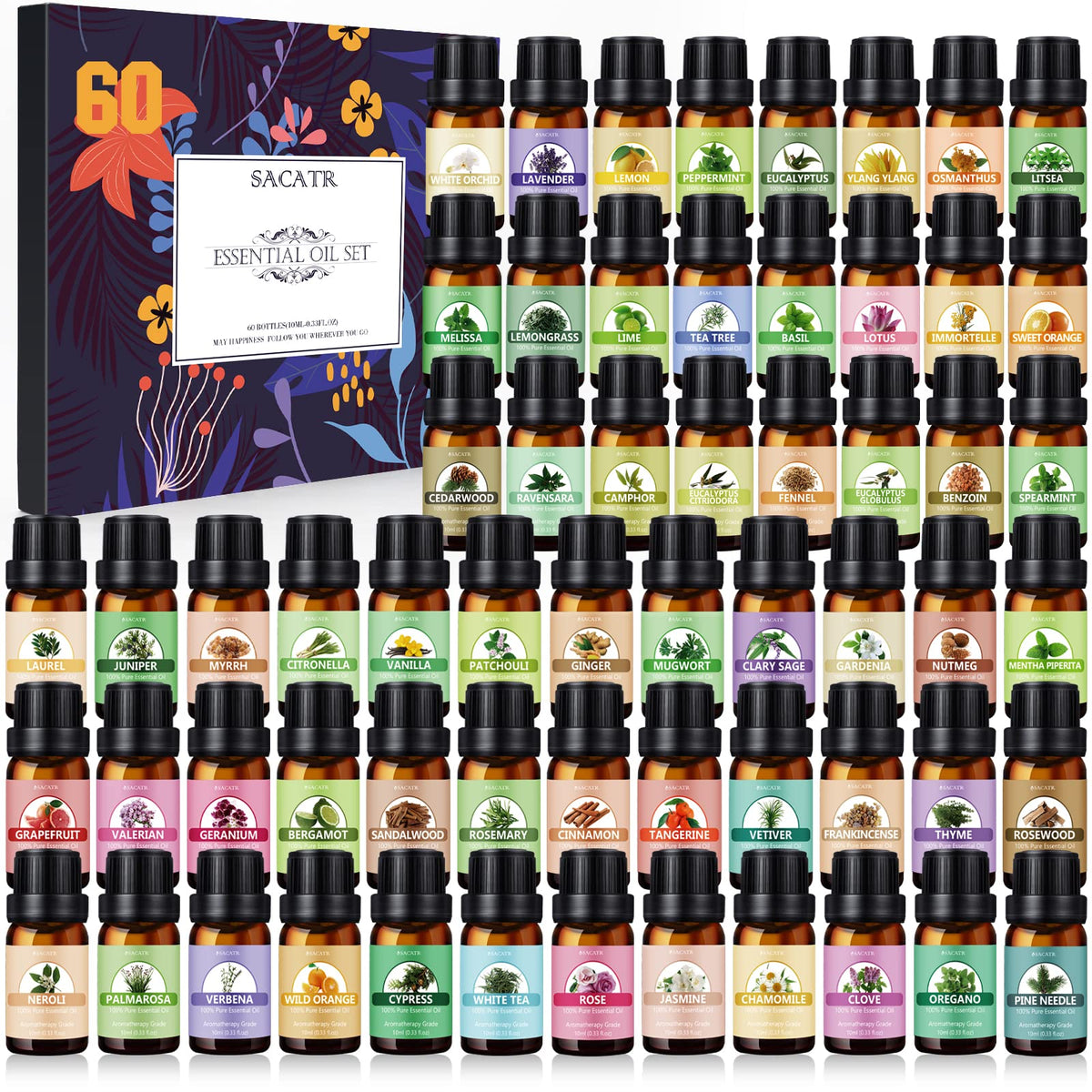 SACATR essential oil set with 60 bottles on display for aromatherapy versatility