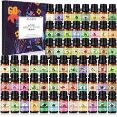SACATR essential oil set with 60 bottles on display for aromatherapy versatility