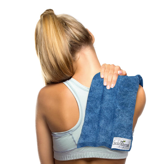 Sacksy Thyme microwave heating pad on the back delivers deep moist heat for soothing relief.