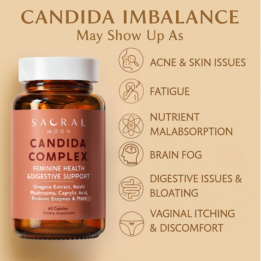 SACRALMOON Candida Cleanse packaging flatlay showcasing eco-friendly USA-made product