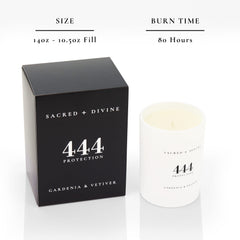 Gift-ready Sacred Divine 444 candle with sleek black outer box.