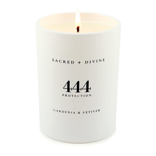Close-up of Sacred Divine 444 candle showing soy coconut wax quality.