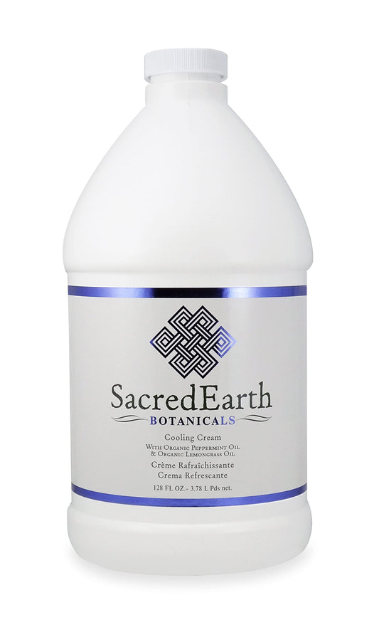 Sacred Earth Botanicals Cooling Cream bottle offers cooling relief for aches and dry skin during massage