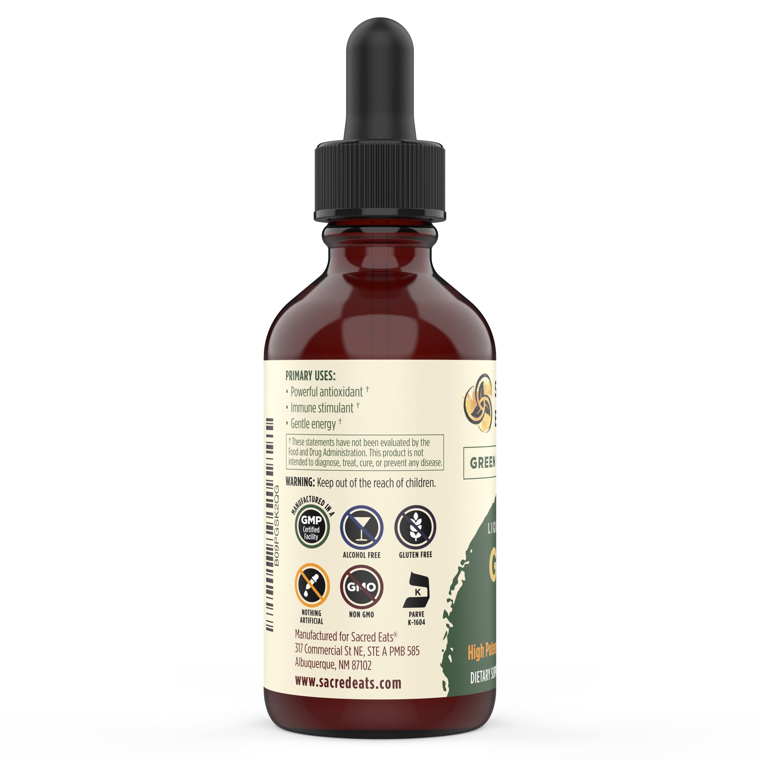 Sacred Eats Green Tea Drops label close-up shows organic, non-GMO ingredients and allergen-free quality.