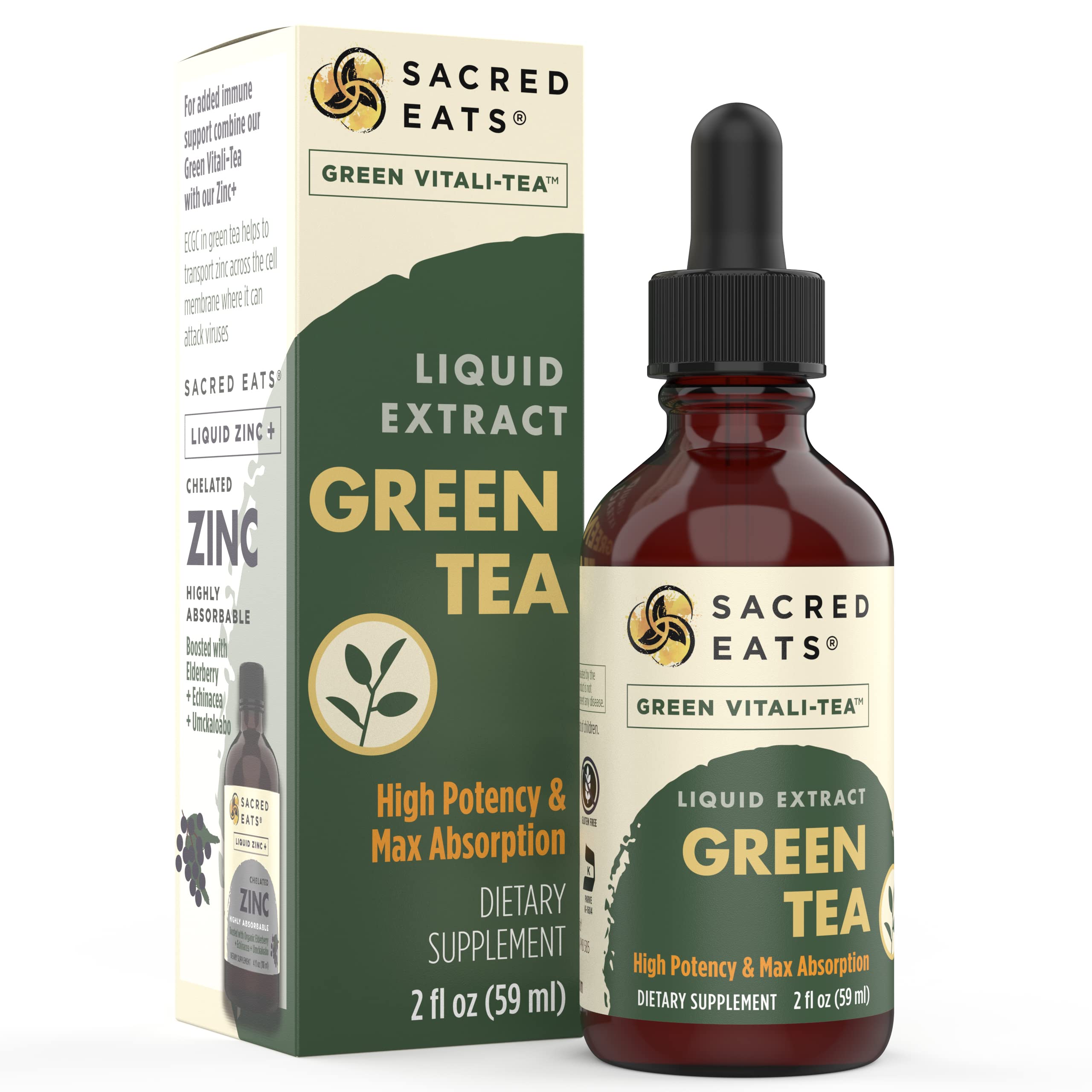 Sacred Eats Green Tea Drops bottle being poured for a gentle energy lift and antioxidant support.