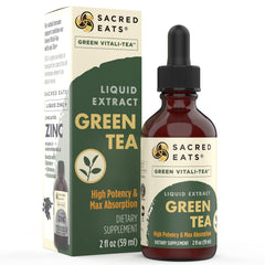 Sacred Eats Green Tea Drops bottle being poured for a gentle energy lift and antioxidant support.