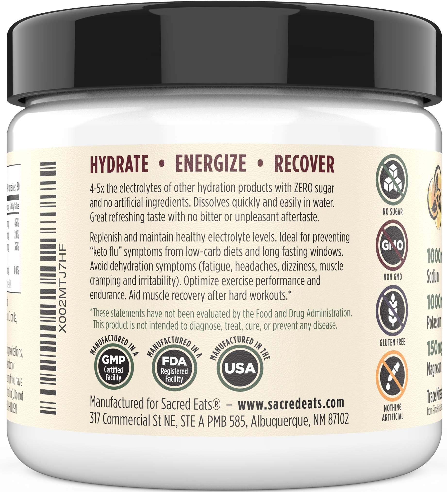 Sacred Eats Keto Electrolyte packaging highlights allergen-free, keto-friendly ingredients.