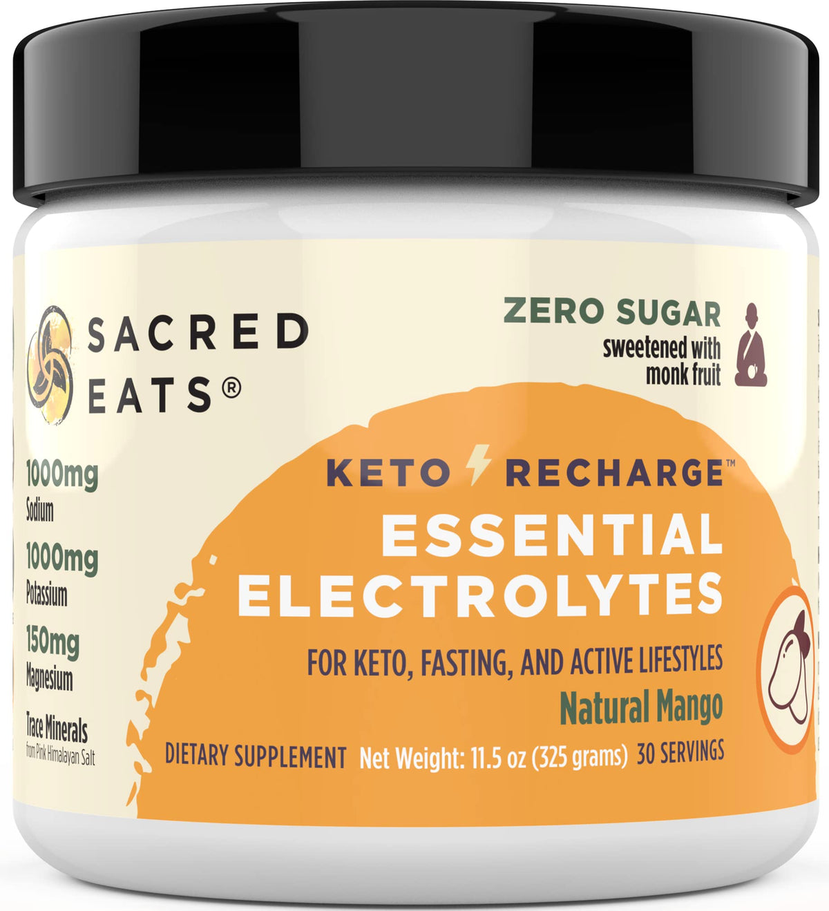 Sacred Eats Keto Electrolyte Mango bottle ready for hydration on the go.