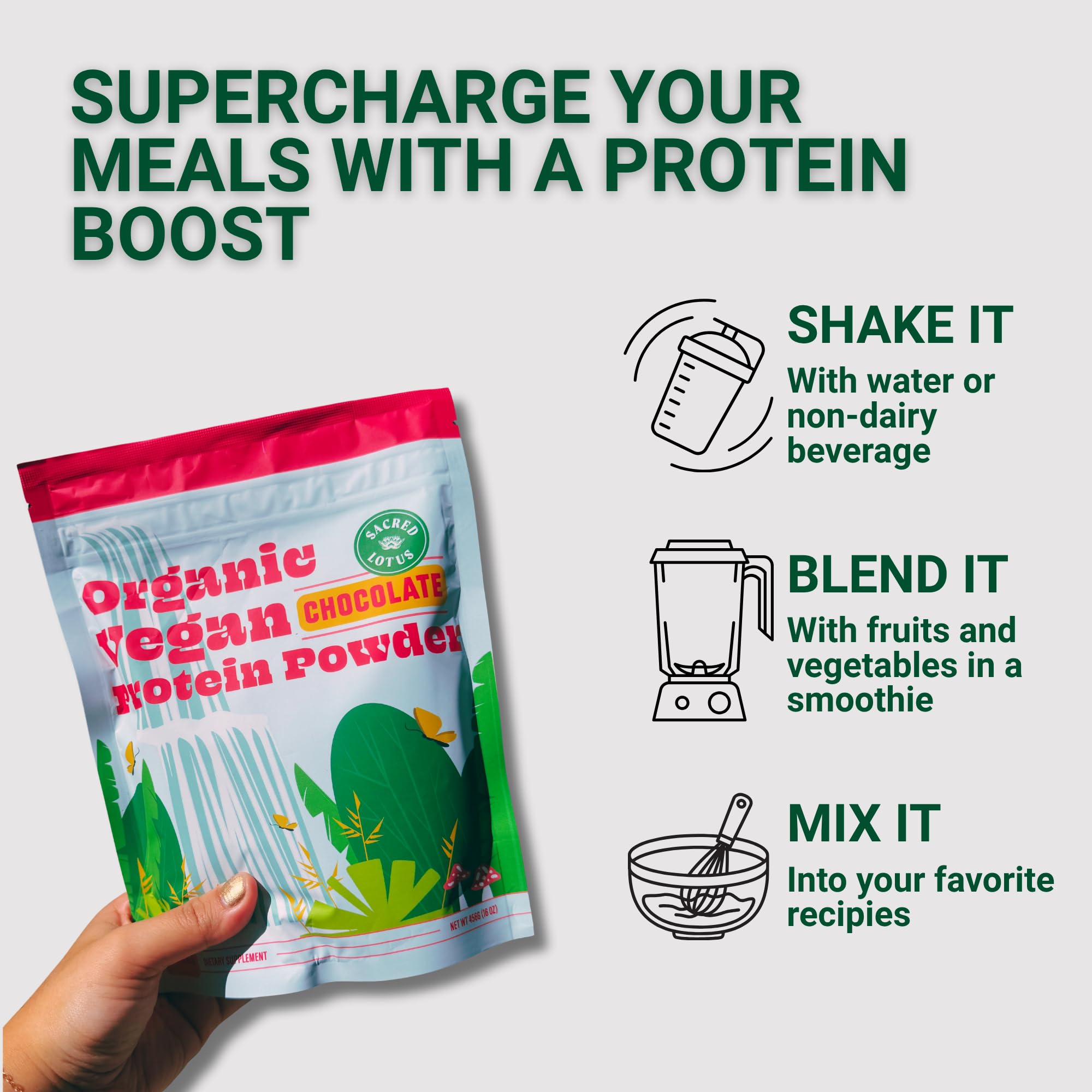Sacred Lotus brown rice pea protein blend delivers 18g protein per serving.