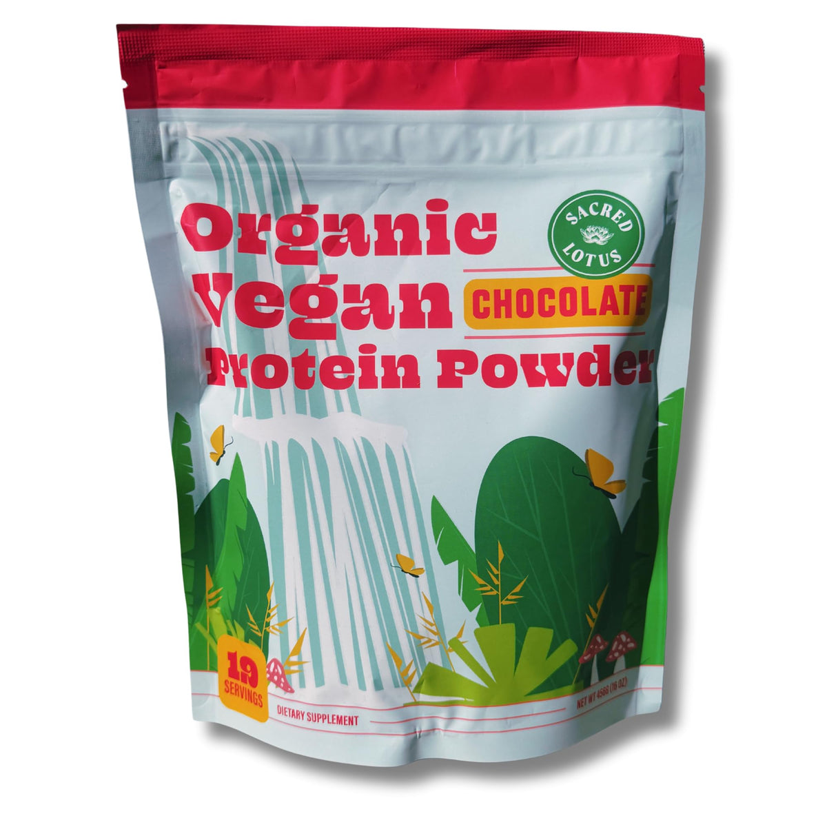Sacred Lotus vegan protein powder bottle with chocolate flavor for clean post-workout recovery.