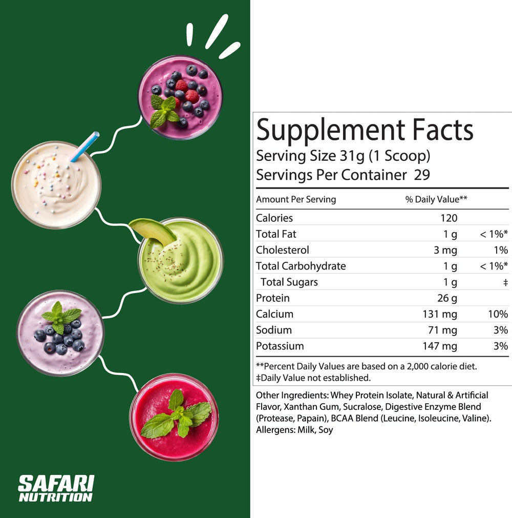 Safari Nu Vanilla shake image suggests smooth flavor and post-workout recovery potential.