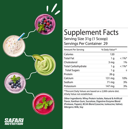 Safari Nu Vanilla shake image suggests smooth flavor and post-workout recovery potential.
