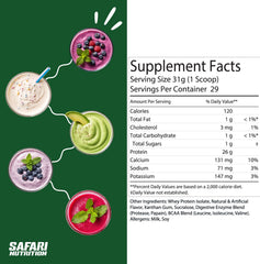 Safari Nu Vanilla shake image suggests smooth flavor and post-workout recovery potential.