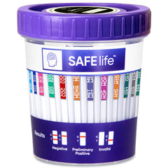 SAFE LIFE 13-panel urine cup front view in a 25-pack, ideal for home testing.
