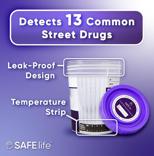 SAFE LIFE 13-panel urine cup packaging inside view for quick setup.