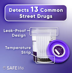 SAFE LIFE 13-panel urine cup packaging inside view for quick setup.